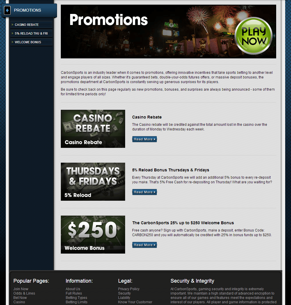 Carbon Casino Promotions Page